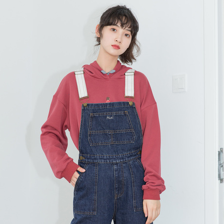 尔给原宿风撞色背带裤女春秋2018新款韩版chic深蓝休闲牛仔裤学生商品大图