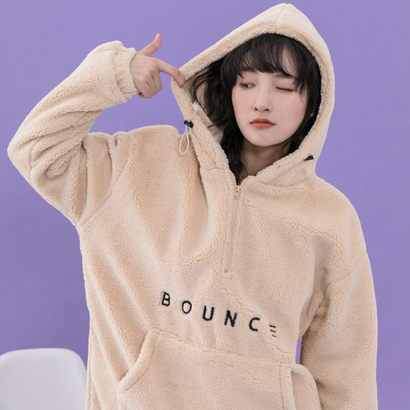 尔给毛绒刺绣拉链连帽pp home卫衣女套头宽松韩版冬加厚杏色上衣商品大图