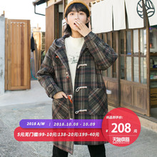 尔给毛呢外套女中长款韩版2018新款2018流行绿格子连帽牛角扣大衣图片