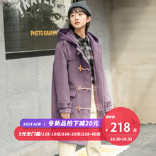 尔给紫色2018流行牛角扣呢子大衣女中长款学生韩版森系毛呢外套图片