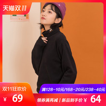 尔给秋冬原宿风修身宽松上衣新款磨毛T恤黑色高领打底衫女长袖图片