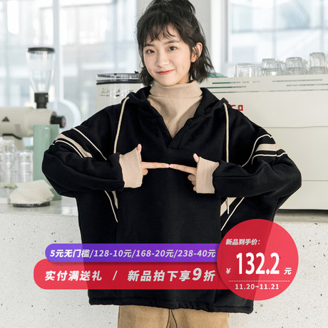 尔给连帽高领假两件怪味少女卫衣2018新款加绒加厚冬丧系衣服女商品大图