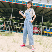 尔给可爱软妹学院风牛仔背带裤女夏2018新款学生韩版bf宽松九分裤图片