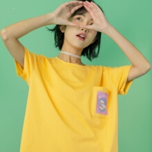 尔给女款夏装2018新款上衣印花黄色简单港风T恤女夏宽松韩版学生图片