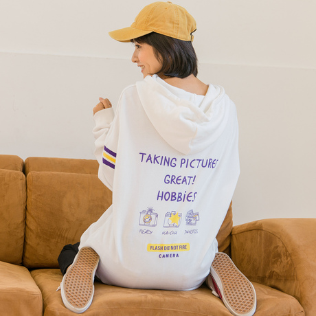 尔给中长款白色卫衣女连帽2018新款背后印花宽松秋季oversize长袖商品大图