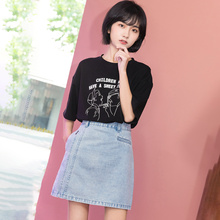 尔给黑色半袖T恤女夏2018新款宽松韩版学生bf撞色印花港味上衣图片