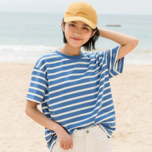 尔给原宿风上衣短袖女夏2018新款宽松韩版学生印花蓝白条纹t恤图片