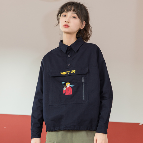 尔给秋装新款怪味少女港风外套女复古春秋韩版学生原宿风长袖刺绣商品大图