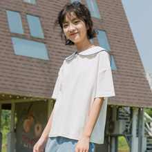 尔给学院风海军领上衣女夏2018新款韩范简约宽松学生印花白色T恤图片