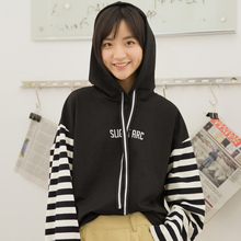 尔给假两件条纹拼接秋天上衣女潮2018新款长袖韩版宽松黑色t恤图片