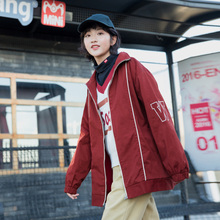 尔给棒球服春秋韩版学生宽松印花bf红色oversize外套女酷帅气街头图片