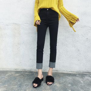 复古简约撞色高腰弹力牛仔裤