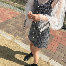 韩国ins灯笼袖 复古格子背心连衣裙女 透视网纱打底衬衫 Muzly