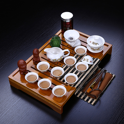 心艺德 白瓷茶具套装整套紫砂功夫茶具 实木茶盘茶宠套装配件