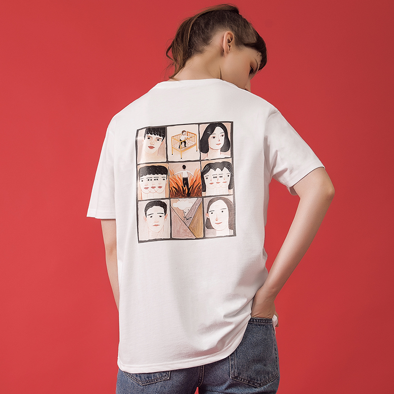 后背图案印花T恤女PROD原创人像九宫格白黑