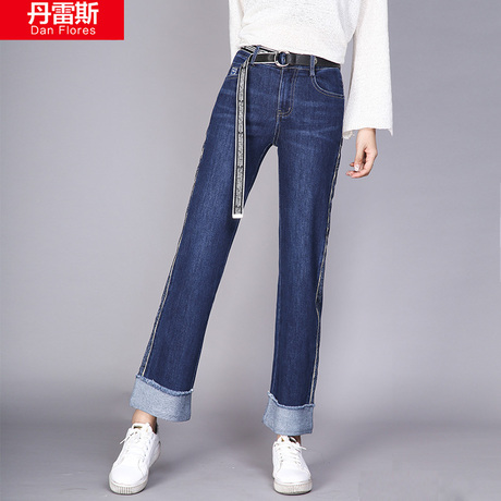 2018秋季新款时尚侧边条织带翻边宽松显瘦直筒牛仔裤女九分裤阔腿商品大图