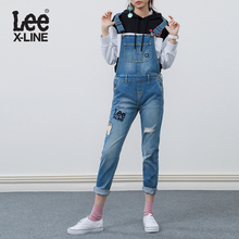 Lee女装 18春夏新品X-line破洞贴布蓝色背带裤L139873HH8LY图片