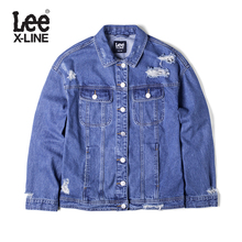 Lee女款 2018年秋季XLINE蓝色破洞拉丝翻领牛仔夹克L345493HH8SX图片