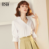 女2019新款 夏薄设计感心机v领衬衣宽松纯棉上衣 OSA欧莎白色衬衫
