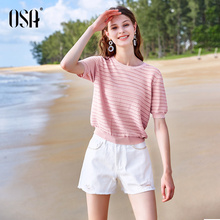 薄款 新款 粉色条纹毛针织衫 圆领宽松打底衫 OSA欧莎2019夏装