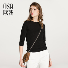 A16022 简约木耳边领七分袖 新款 套头针织衫 女装 OSA欧莎2018春装