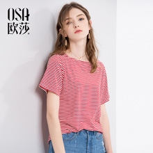 复古短袖 上衣女 OSA欧莎18夏红白条纹ins超火t恤宽松chic韩版