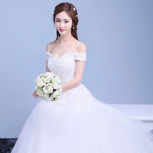 蕾丝拖尾显瘦齐地轻婚纱 婚纱影楼新娘婚纱一字肩长袖