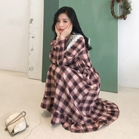 2019连衣裙雪纺韩版春装新款女装娃娃领格子大摆型收腰气质夏装