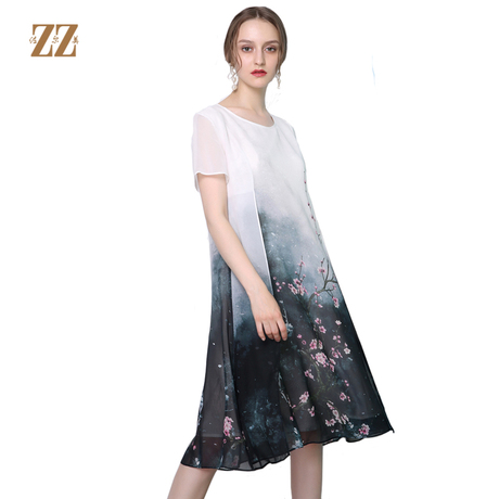 佐尔美2018夏季女装泼墨印花桑蚕丝真丝修身显瘦连衣裙E72LS66商品大图