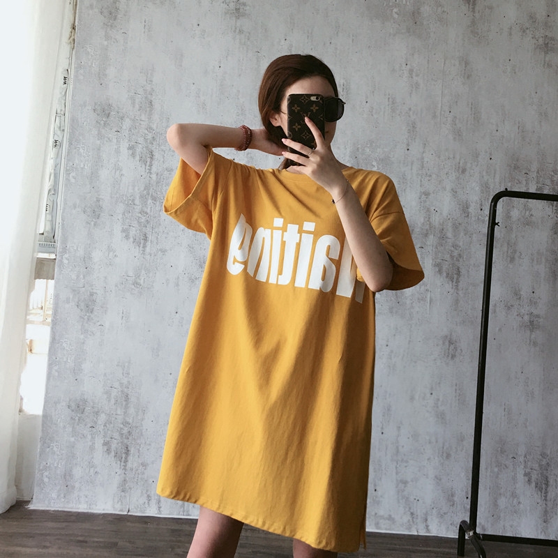中长款大码过膝短袖t恤裙bf风印花t恤女夏季胖