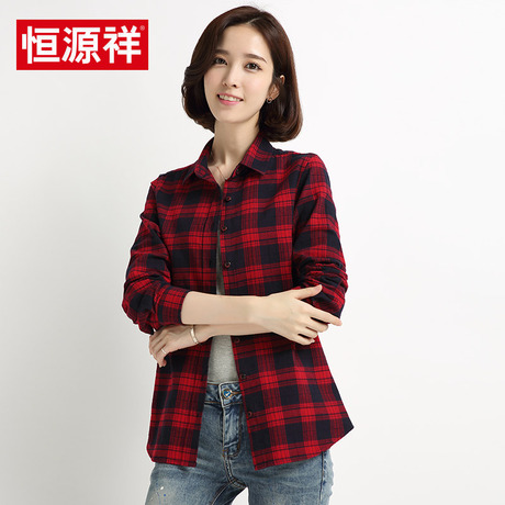 恒源祥春装长袖纯棉红黑格子衬衫竖条纹中年女装上衣外套休闲衬衣商品大图