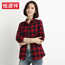 恒源祥春装长袖纯棉红黑格子衬衫竖条纹中年女装上衣外套休闲衬衣图片