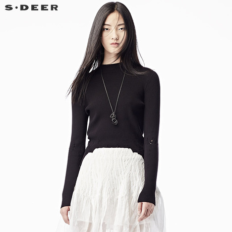 sdeer圣迪奥2018秋装新品女修身抽丝纯色圆领针织衫S17383518商品大图
