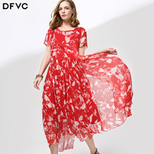 dfvc2019夏季新款时尚真丝雪纺印花连衣裙中长款压褶拼接飘逸裙摆图片