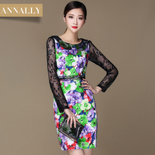 蕾丝长袖 花色印花女连衣裙 气质修身 2014秋装 女装 新款 ANNALLY