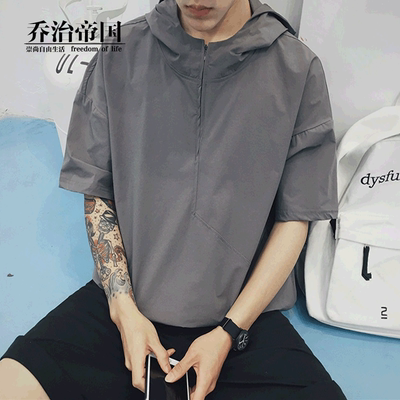 男士春季小衫2018新款潮流上衣短袖T恤男生夏装韩版半袖连帽外套