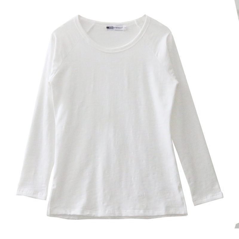 女士打底衫女纯棉长袖t恤竹节棉白色圆领体恤