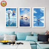饰画 数字油彩画diy手绘风景人物蓝色天空大海客厅卧室三联填色装