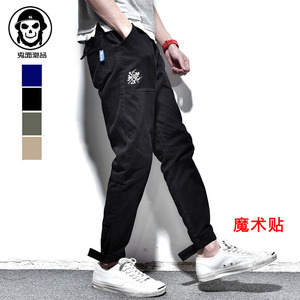 原创日系魔术贴翻边两穿简约学生休闲裤搭配潮鞋修身工装裤