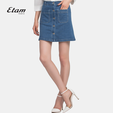 艾格 Etam 时尚百搭经典牛仔直筒纽扣半裙160119088商品大图