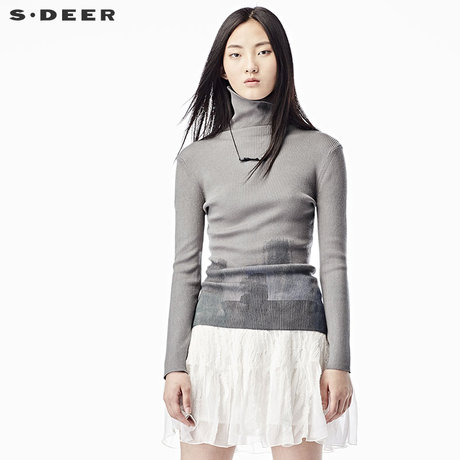 sdeer圣迪奥女装修身高领版画印刷女士竖纹针织上衣S17383527商品大图