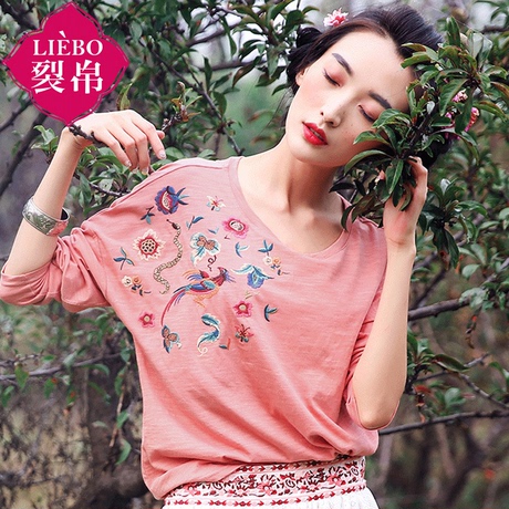 裂帛女装打底衫2018秋装新款刺绣蝙蝠袖宽松上衣溜肩长袖显瘦T恤商品大图