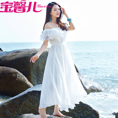 度假夏沙滩裙抹胸雪纺连衣裙一字领露肩白色长裙海滩裙泰国裙