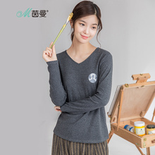 茵曼旗舰店女装清仓2017秋冬新款文艺印花V领百搭长袖T恤女打底衫图片