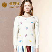 恒源祥女士圆领提花羊绒衫秋冬季新款时尚小鸟印花纯羊绒毛衣图片
