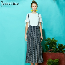 jessyline 2018夏装新款 杰茜莱印花上衣阔腿背带裤女士休闲套装