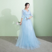 蕾丝长袖 双肩v领连衣裙 新娘敬酒服晚礼服沙滩裙长款 新品 年会晚宴