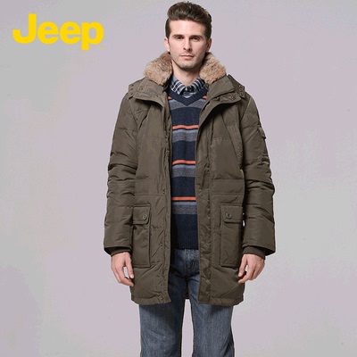 JEEP/吉普男装冬季保暖中长款兔毛皮领连帽白鸭绒羽绒服JW11WJ818