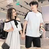不一样的情侣装夏装2018新款韩版宽松短袖T恤蜜月套装气质连衣裙