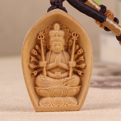 易水阁 桃木守护神虚空藏菩萨吊坠 千手观音文殊菩萨普贤菩萨项链